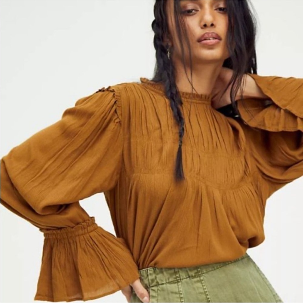 Free People Kelsey Blouse Top Bell Sleeve Pleated Summer Endless Ginger Snap